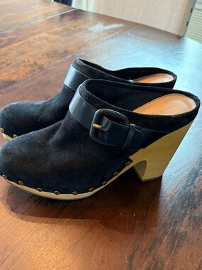 Veronica Beard Black Suede Clog Mules with Wood Heel 9.5